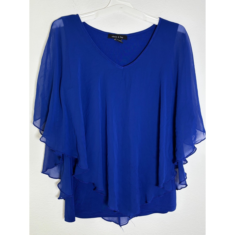 Adele & May Royal Blue Chiffon Layered Flutter Sleeve V-Neck Blouse Medium